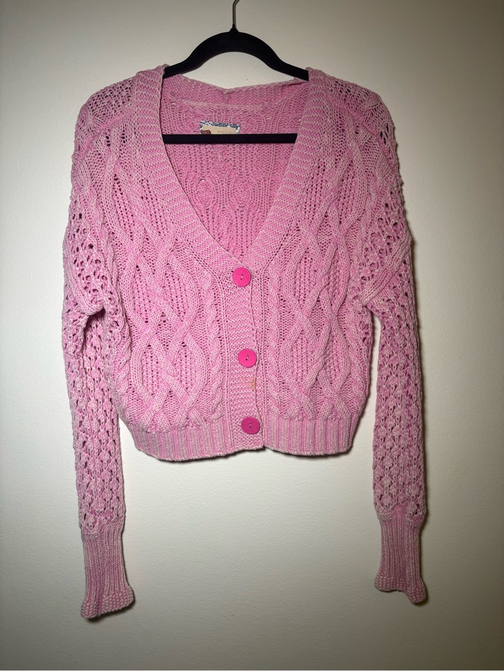 Pilcro Anthropologie Pink Cable Knit Cropped Cardigan Cotton Coquette  Y2K Sz XS - Picture 9 of 12